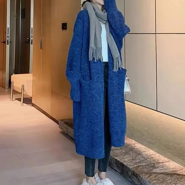 Idle Style Mid length Sweater Coat Women's Loose Pockets Knitted Cardigan Dark Blue - Shop at LoveMi