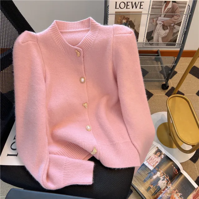 Puff Sleeve Soft Glutinous Sweater For Women Autumn New Pink - Shop at LoveMi