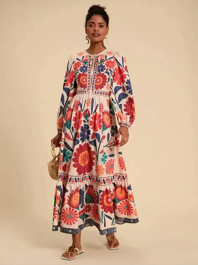 Printed Flared Skirt Long Sleeve Lace Up Casual Dress Red - Shop at LoveMi