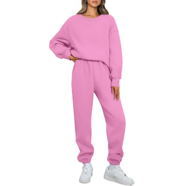 Winter Solid color Fashionable Crew neck Pullover With Fleece Lining Pink - Shop at LoveMi