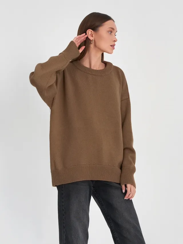 Temperament Commute Versatile Casual Round Neck Knitted Sweater Brown - Shop at LoveMi