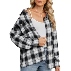 Wool Striped Long Sleeve Style Shirt Coat Women - Black And White - View 1