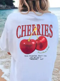 Cotton Women T-shirt Red Cherries Printed Tees Summer - White - View 1