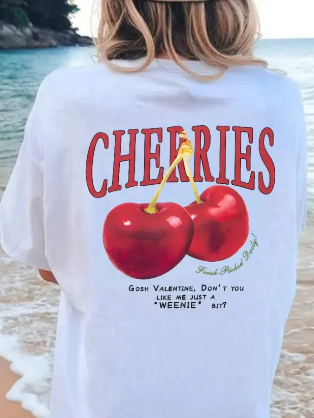 Cotton Women T shirt Red Cherries Printed Tees Summer White - Shop at LoveMi