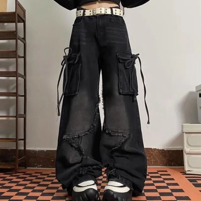 Spring And Autumn American Retro XINGX Jeans Women's Multi pocket Black - Shop at LoveMi