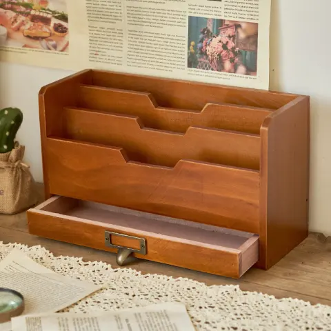 Retro Style Wooden Desktop Drawer Organizer Box