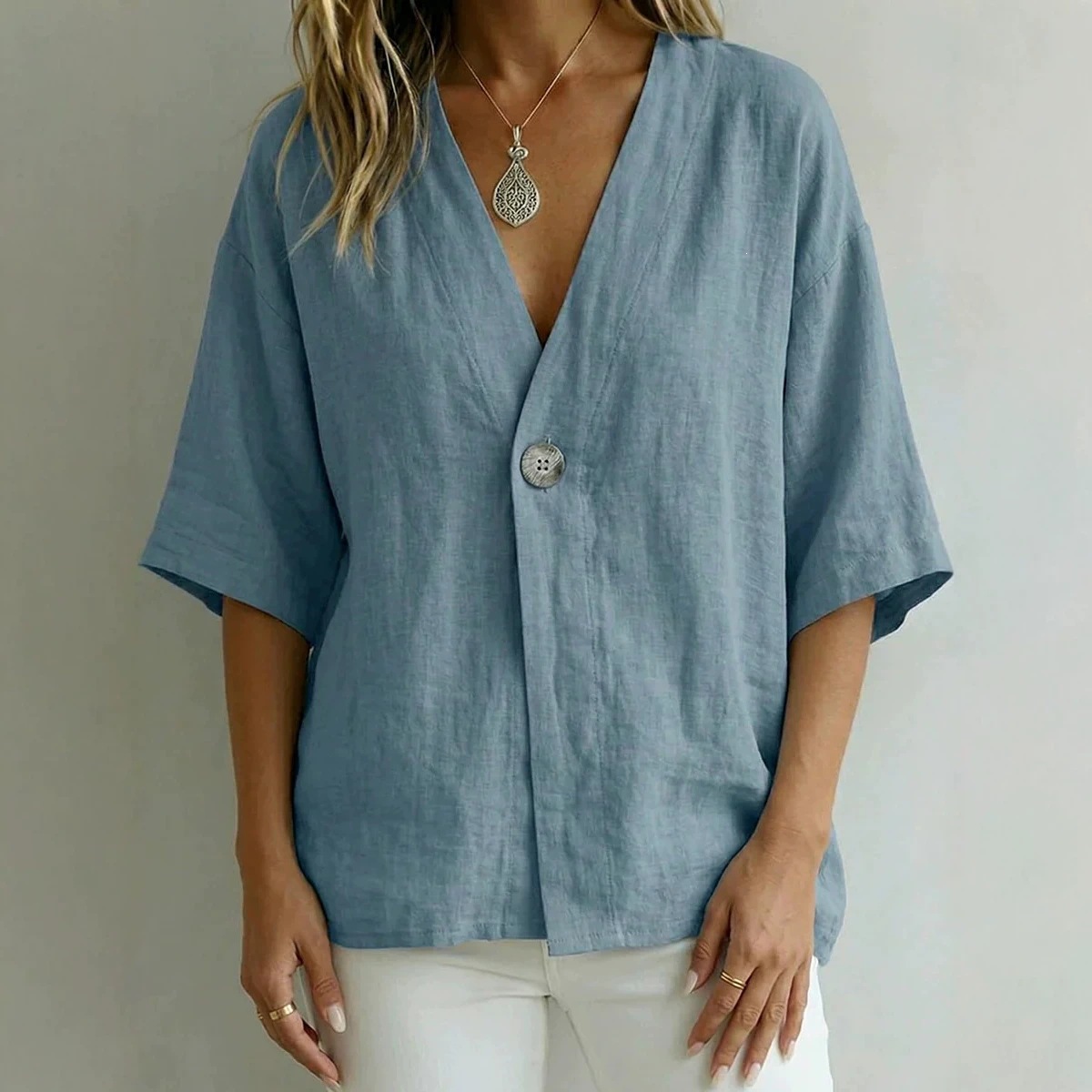 SpringSummer Womens Casual Loose-Fit Solid-Color V-Neck Top With Buttons