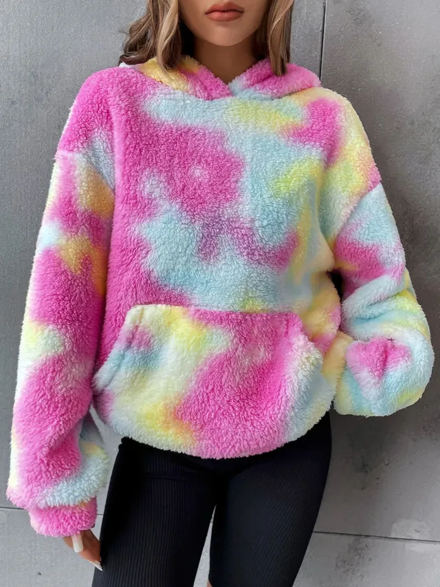 All match Tie dyed Pocket Plush Hooded Sweater Pink - Shop at LoveMi