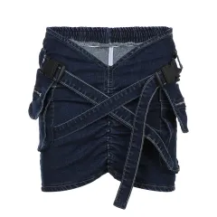 Cross School Bag Buckle Pleated V-shaped Waist Workwear With Pocket Denim Skirt - Dark Blue - View 1
