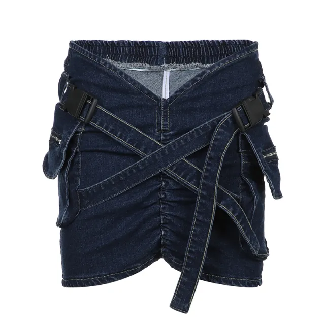Cross School Bag Buckle Pleated V shaped Waist Workwear With Pocket Denim Skirt Dark Blue - Shop at LoveMi