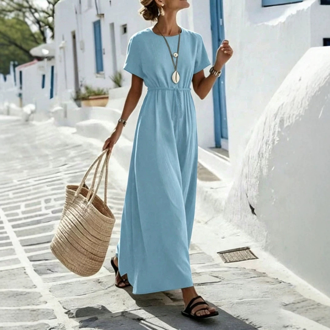 Womens Short-Sleeve Belted Resort Dress