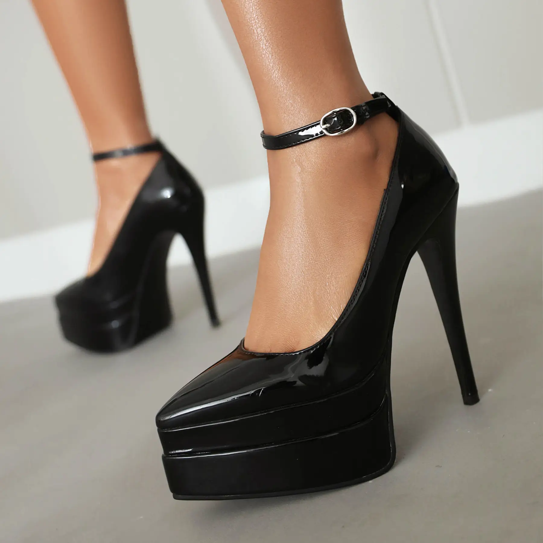 Womens Casual Low-heeled Pointed-toe Pumps With Ankle Strap