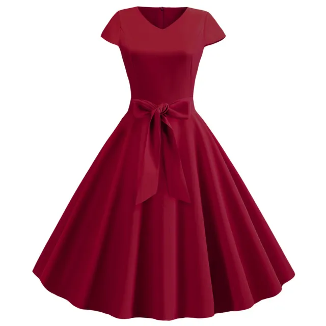 Retro V neck Short Sleeve Solid Color Casual Swing Dress Wine Red - Shop at LoveMi