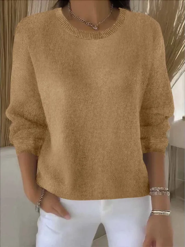 Women's Solid Color Long Sleeve Sweater Khaki - Shop at LoveMi