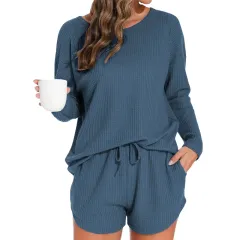 Waffle Knit Women's Long-sleeved Pyjamas Suit - Blue - View 1