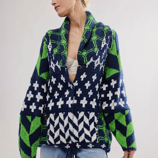 Knitwear Abstract Lapel Loose fitting Long Sleeve Sweater Women Green - Shop at LoveMi
