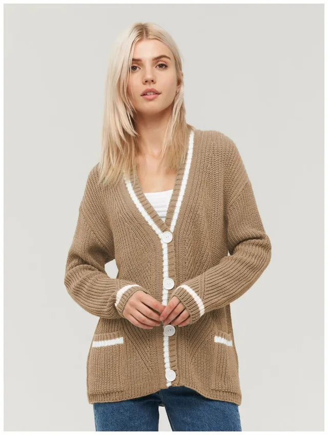 Women's All match V neck Pocket Color Matching Knitted Long Sleeve Sweater Coat Khaki - Shop at LoveMi
