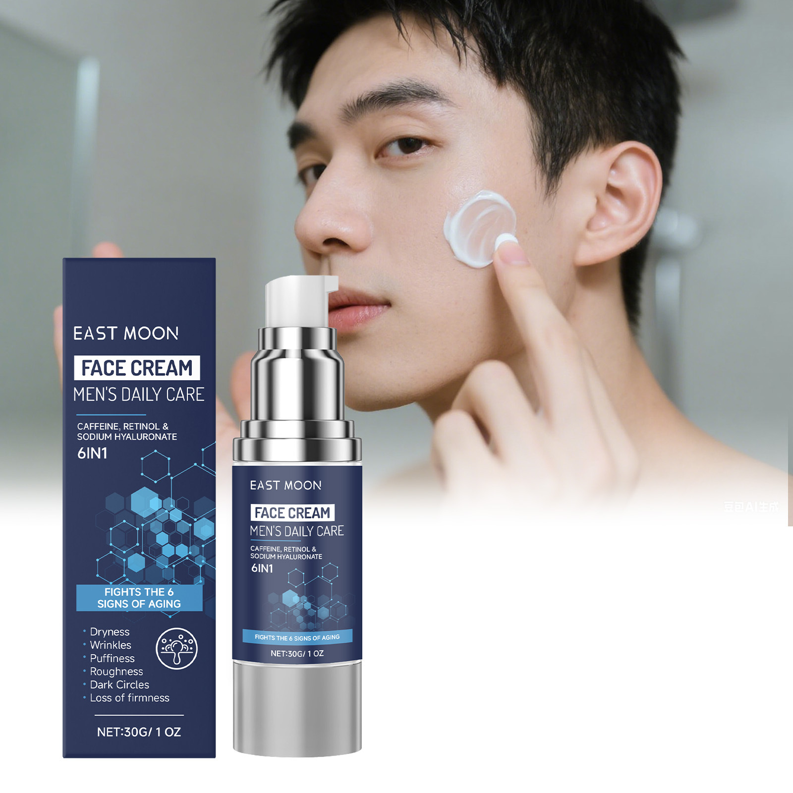 EAST MOON Men's Daily Care 6-in-1 Face Cream – Advanced Anti-Aging Moisturizer with Caffeine, Retinol & Sodium Hyaluronate to Fight Wrinkles, Dryness, and Dark Circles (30g)