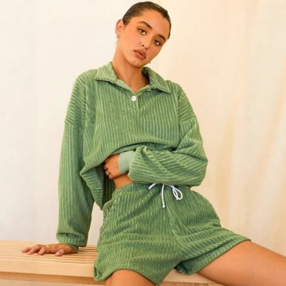 Womens Striped Slim-Fit Long-Sleeve Top And Shorts Set For Sports