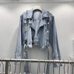 Fashion Denim Jacket Women's Retro High Waist Crop Top - Light Blue - View 1