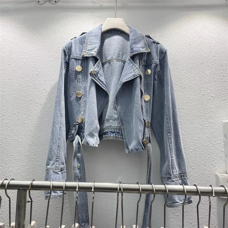 Fashion Denim Jacket Women's Retro High Waist Crop Top - Light Blue