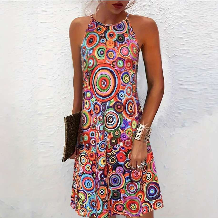 Psychedelic Colorful Spiral Printed Halter Mini Dress