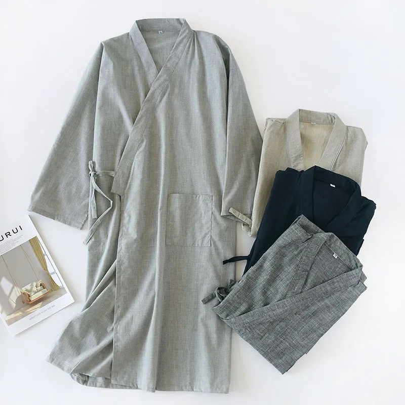Men's Nightgown Woven Cotton Mid-length Home Bathrobe