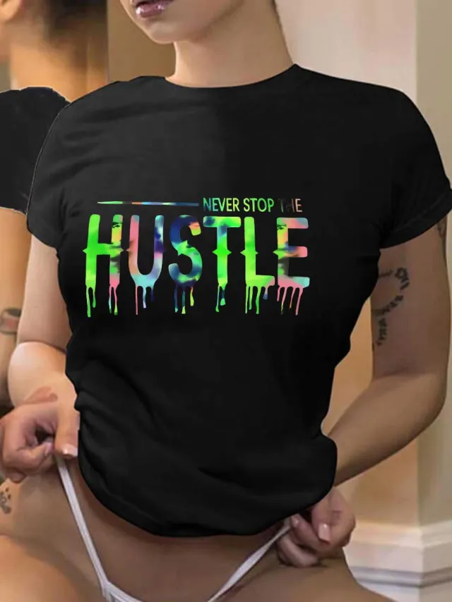 Spring And Summer Large Size Loose Letters Printed Crew Neck Top Black - Shop at LoveMi
