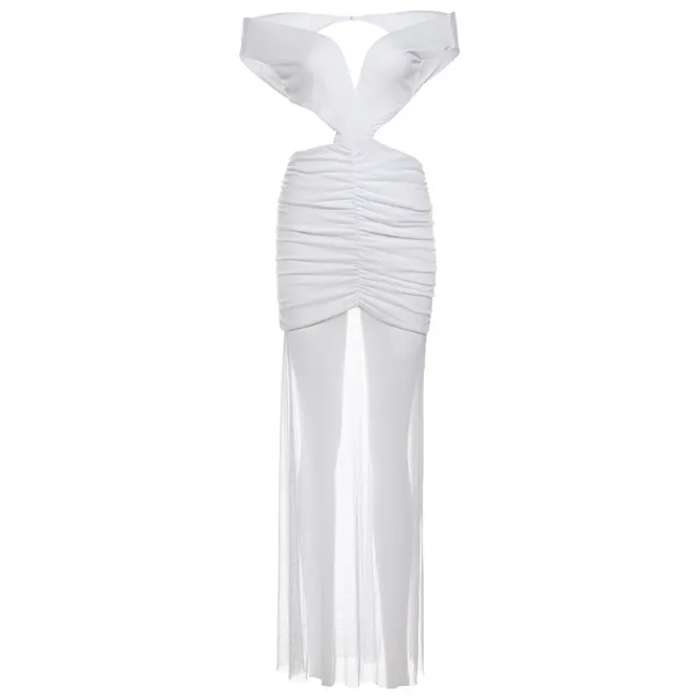 Sexy Chica Mesh Pleated Patchwork V Neck Backless Dress White - Shop at LoveMi