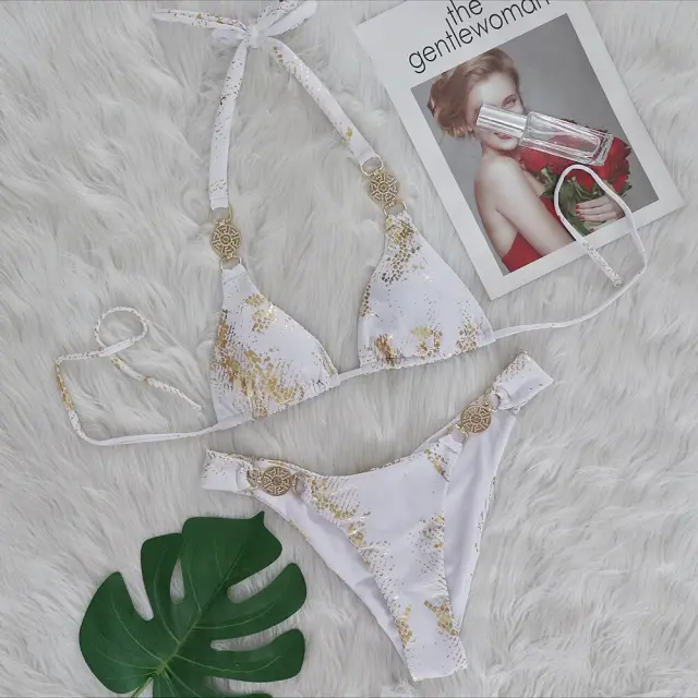Snake Pattern Bronzing Bikini Crystal Diamond Metal Accessories White - Shop at LoveMi