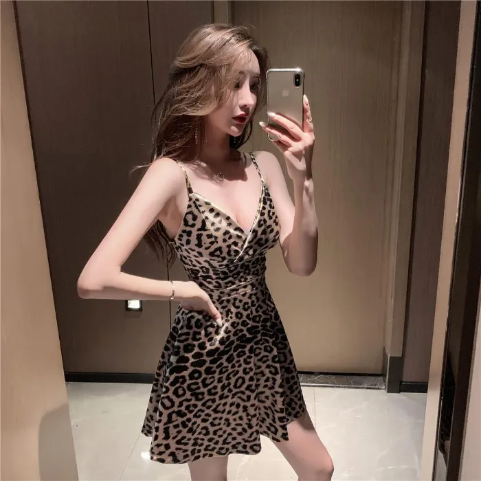 Women's Low-cut Deep V Strap Leopard Print Dress