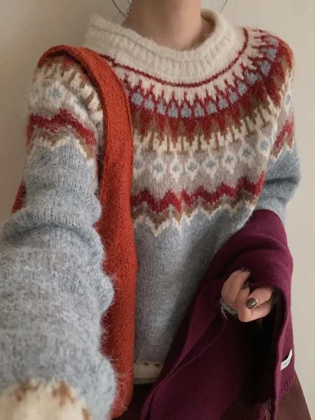 Retro Knitted Pullover Sweater Women's Loose Long Sleeve Top Gray - Shop at LoveMi