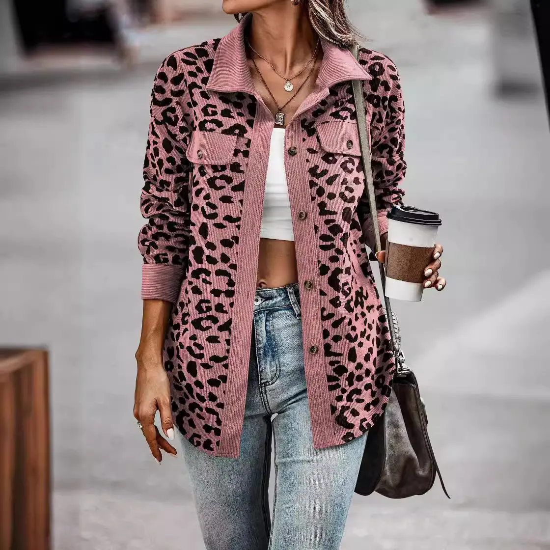 Womens Leopard-Print Buttoned Long-Sleeve Jacket Coat