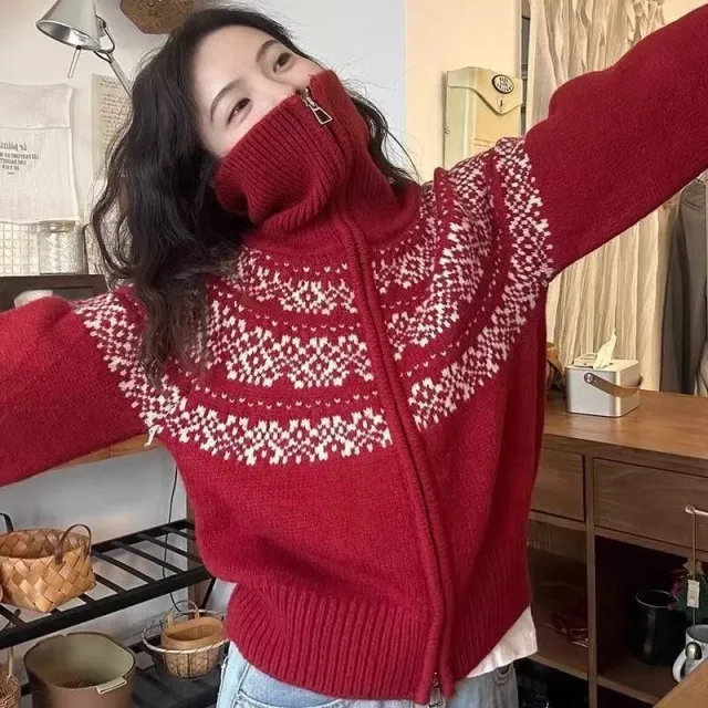Casual Retro Lapel Double Zipper Knitted Cardigan Red - Shop at LoveMi
