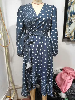 Women's Long Sleeve Polka Dot Dress - Navy Blue - View 1