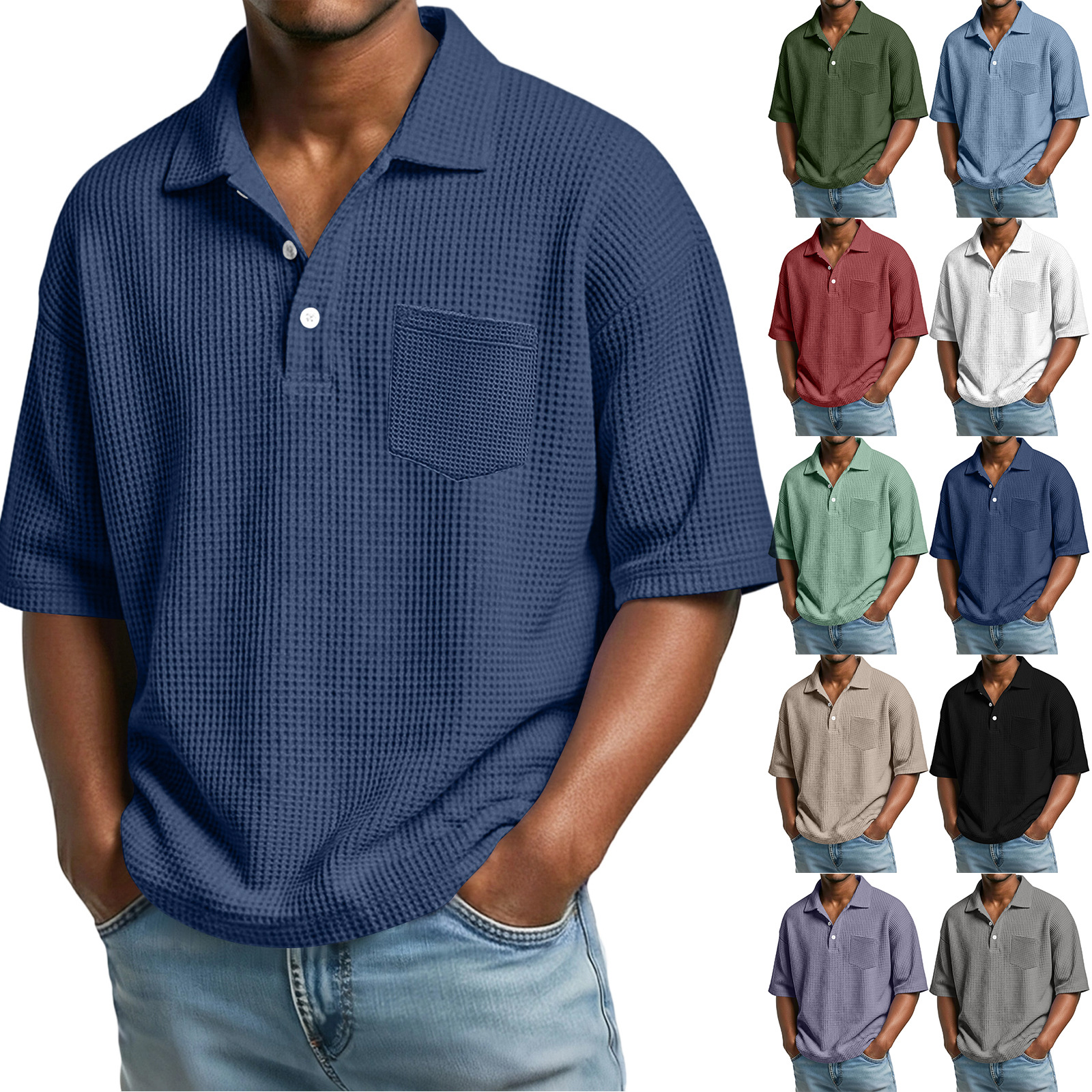 Men's Waffle-Weave Solid Color Short-Sleeve Lapel Polo Shirt
