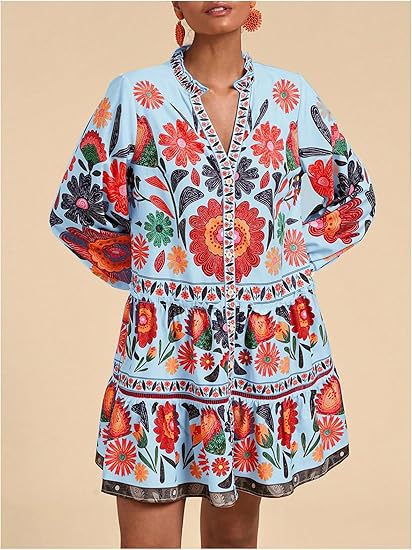 Floral Print Short Bohemian Beach Long Sleeve Button down Flowy Blouse Dress Blue - Shop at LoveMi
