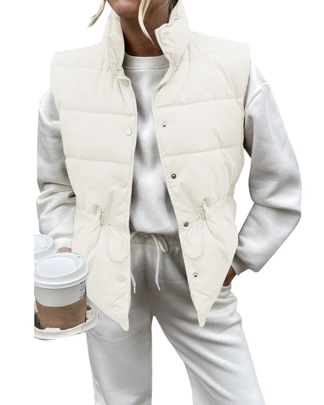 Women's Stand Collar Single breasted Cotton Vest White - Shop at LoveMi