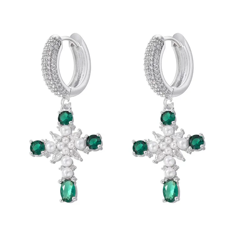 European And American Entry Lux Copper Plating 18K Gold Inlaid Colorful Crystals Cross Earrings
