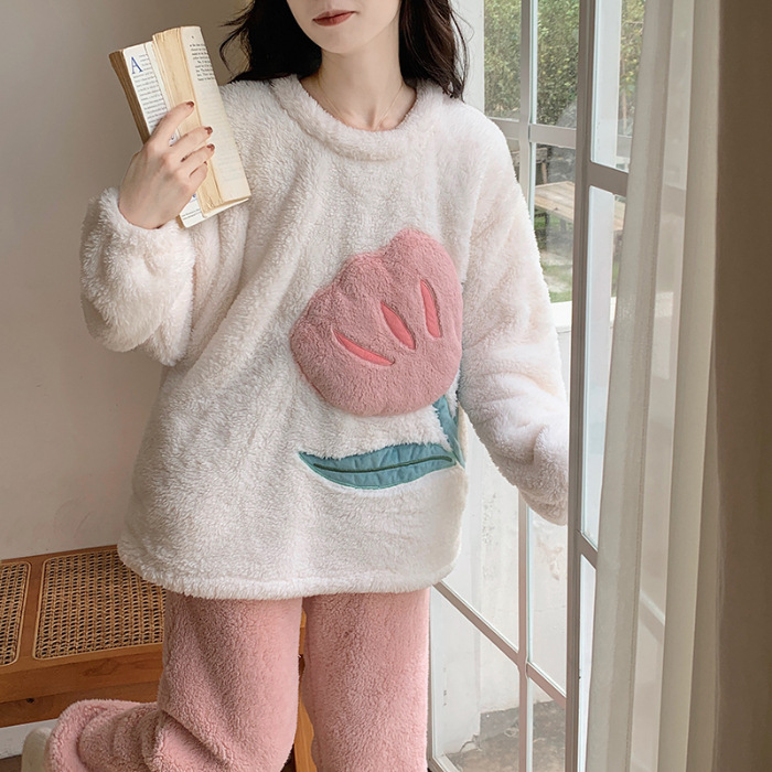 Flannel Pajamas Female Sweet Girl Crew Neck Casual Student Thickened Warm Can Be Outerwear Homewear 4857Style - Shop at LoveMi