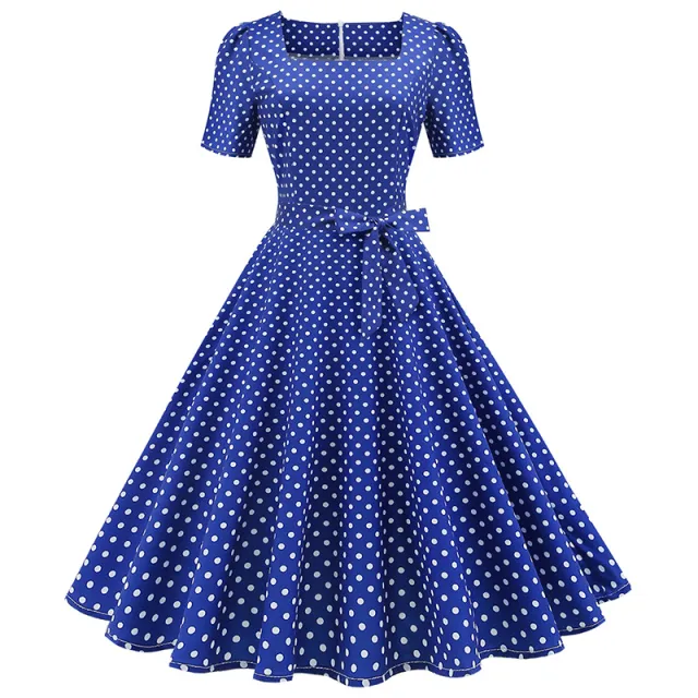 Square Collar Polka dot Slim fit Large Swing Dress Blue - Shop at LoveMi