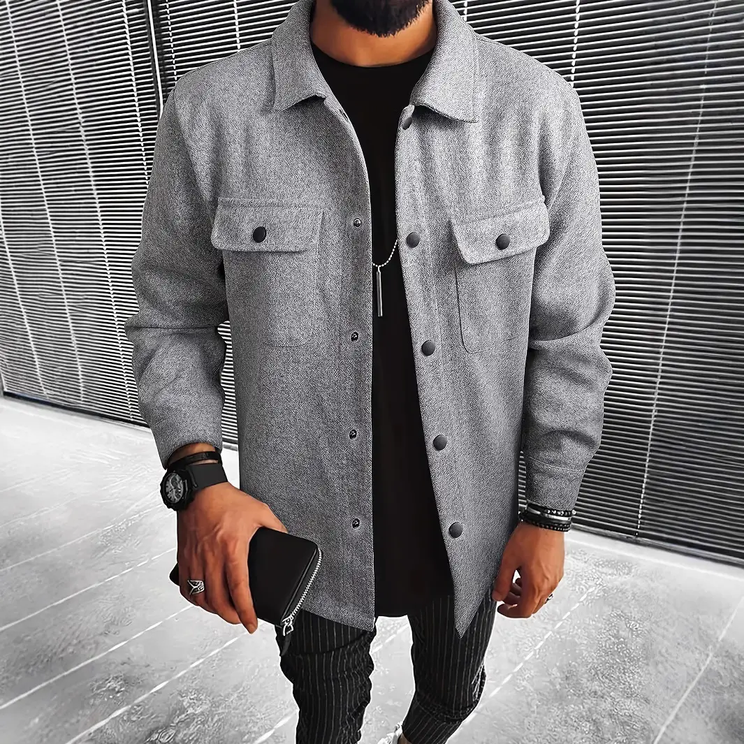 New Mens Button-front Overcoat With Flap Pockets