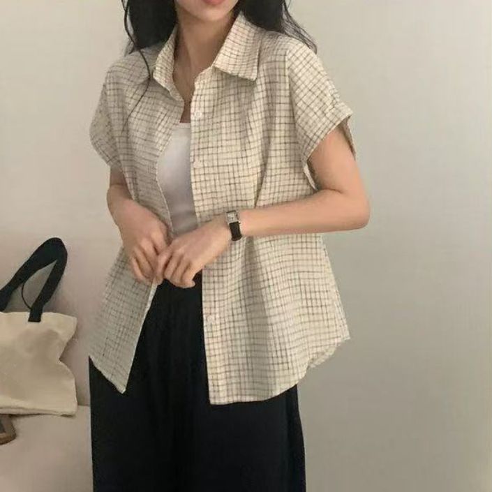 Womens Loose Korean-Style Retro Color-Block Plaid Short-Sleeve Shirt
