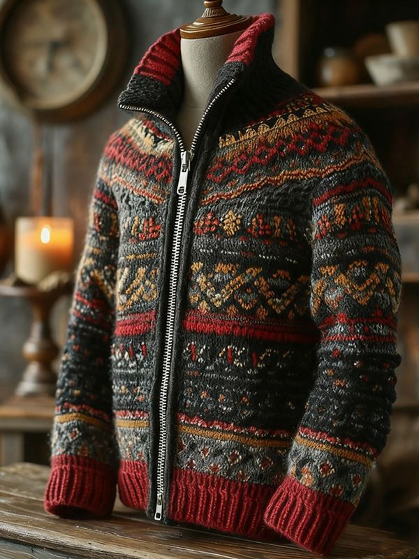 Christmas 3D-printed Chunky-knit Fabric Zip-up Sweater