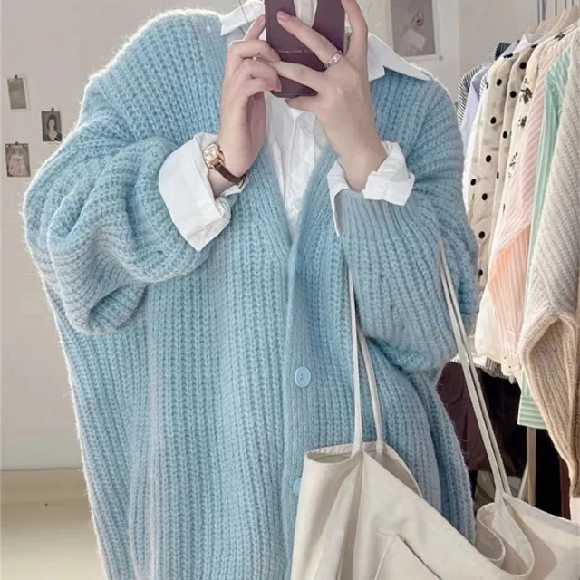 V neck Knitted Cardigan Women's Thick Needle Loose Sweater Light Blue - Shop at LoveMi