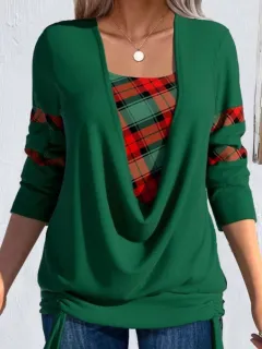 Printed Solid Colour Long-sleeved Women's Large Drop Collar Loose Pleating Fake Two-piece Top - Green - View 1