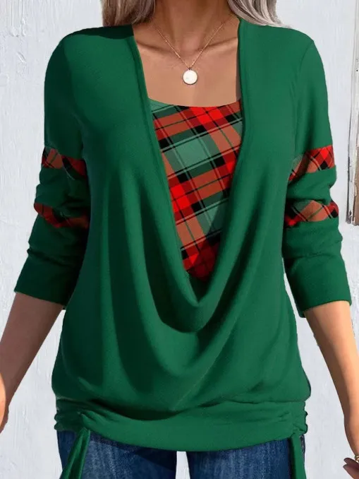 Printed Solid Color Long-sleeved Women's Large Drop Collar Loose Pleating Fake Two-piece Top - Green
