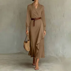 Western-style Irregular Pleated Long-sleeve Dress For Spring And Autumn - Brown - View 1