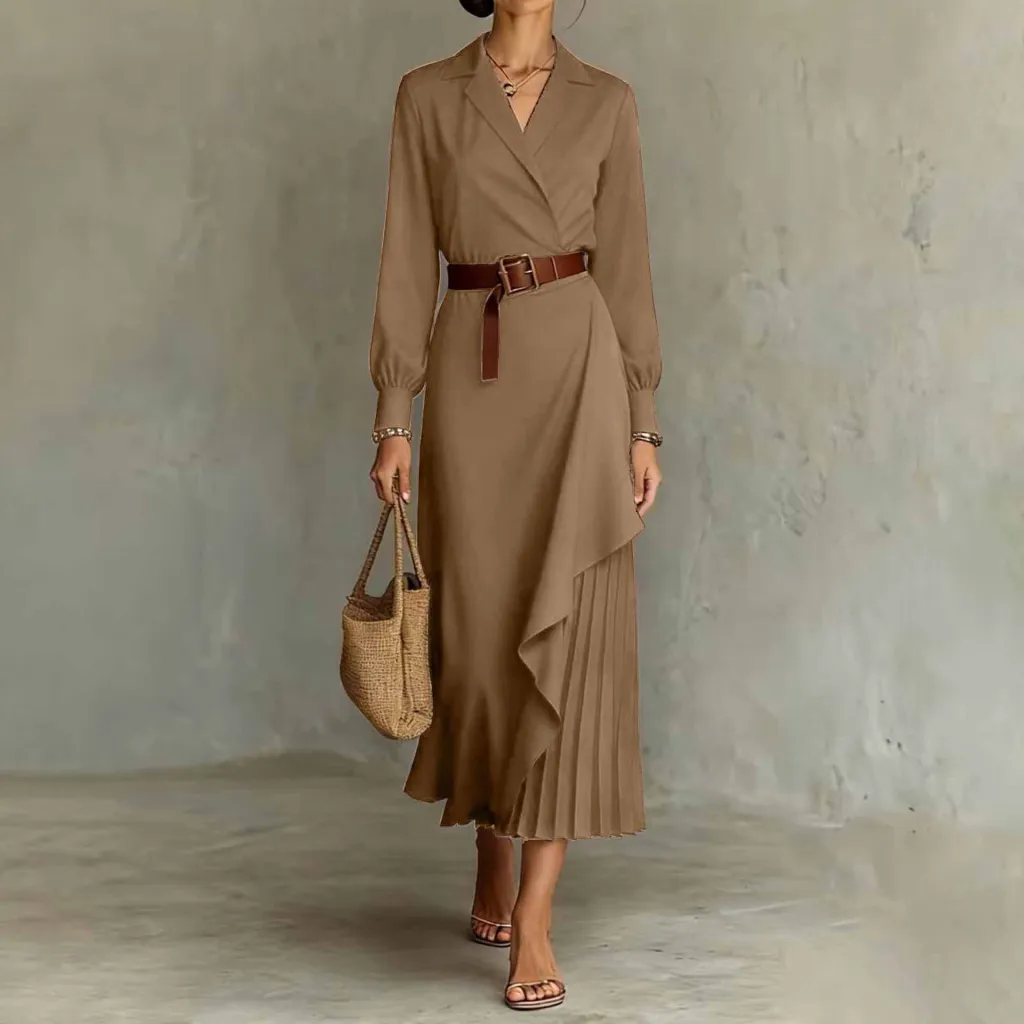 Western-style Irregular Pleated Long-sleeve Dress For Spring And Autumn - Brown