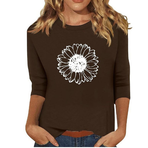 New Women's Clothing Round Neck 34 Sleeves Loose Print T-shirt